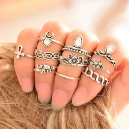 Кластерные кольца 10 шт./Установка богемских винтажных цветочных пальцев для женщин с кольцом с кулаком