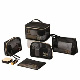 1/5pcs Nuova borsa per cosmetica a mesh nero Custodia per viaggi trasparenti portatili per trucco di grande capacità Organizzatore di toilette J82i#