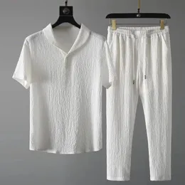 Springsummer Short Sleeve tshirtpant 2pcs mens set men light luxury preated 레저 스포츠 슈트 솔리드 홈웨어 남성 C66 240409