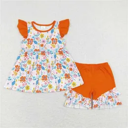 Kleidungssets Kleinkind Sommermädchen Orange Blumenoutfits flattern Ärmel Top Shorts Kinder Kinder Boutique Kinderkleidung