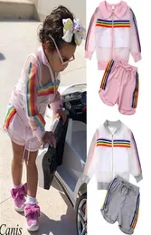 Kid Clothing Set Suit Rainbow Stripe Transparent Coat Vest Shorts 3 Pcs Girl Sun Protective Outfit Summer Clothes5455345