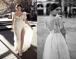 Stylish Lace Beach Wedding Dresses Spaghetti Straps V Neck Bohemian Backless Bridal Gowns A Line Tulle Boho Pearls vestido de novi2950289