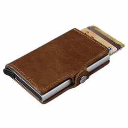 humerpaul Hot Genuine Leather Credit Pop-up Card Holder Wallet Men Metal RFID Blocking Aluminium Bussin Bank Cardholder Case e3QT#