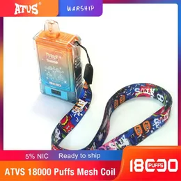 ATVS Neck Rope Puff 18K 180K Puffs Bar Disponible Vape E-cigarett med smart skärm Display 750mAh Battery Bang Box Vape Desechable 18000 Puff Vapers