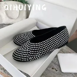 Sapatos casuais feitos à mão de Luxury Blingbling Crystal Ballet Flats Round-Toe Mary Janes Mulher preguiçosa mocassins Sapato feminino