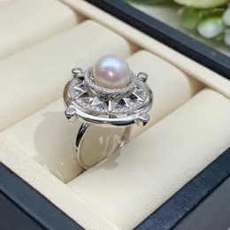 Ringos de cluster meibapj 8-9mm anel de moda redonda natural de pérola DIY 925 Silver Empty Configurando jóias de casamento finas para mulheres