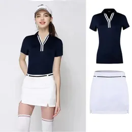 Springsummer Golf -Trikot Womens Vneck T -Shirt Striped Casual Wear Resistant Top Elastic Trocky Kurzärmel -Polo -Hemd 240416