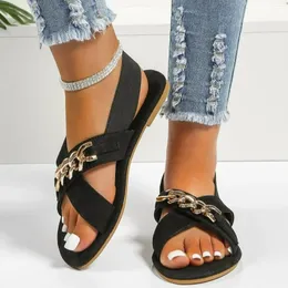 Sandali Summer Women's Solid Color Suede Metal Chain Decorative Bitch Fashion Fashion Apri Sandalias De Mujer Verano 2024