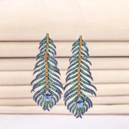 Dangle Küpe Bilincolor Zirkon Peacock Tüy Püskül Kadınlar İçin