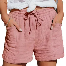 Kvinnors shorts 2024 Bomullslinne för kvinnor Summer Elastic Home Loose Casual Short Pants With Pockets Streetwear