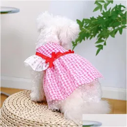 Hundebekleidung Welpenkleid entzückende Gitter hohe Elastizität eleganter Polyester Sommer Haustier Dünnes rot