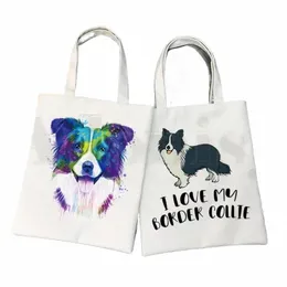 Пограничная колли собака Carto смешной каваи арт -печатные сумочки на плечах сумки на плечах повседневная магазин девушки сумочка женщины элегантная холст сумка R7B1#