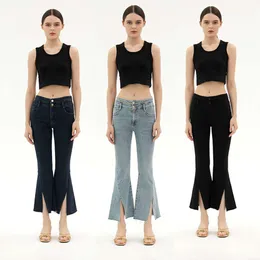 2024 New High Waist Elastic Hip Trimming Tassel Flare Pants Trendy Twisted Split Jeans Women