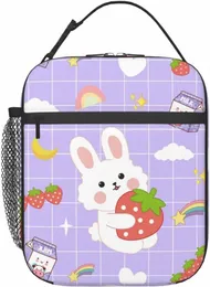 strawberry Bunny Insulated Purple Lunch Box for Girls Reusable Aesthetics Cooler Tote Lunchbox for School Work Travel Picnic 27Pc#