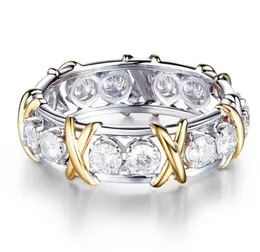 Profissional Eternity DIAMONICE CZ Diamante simulado 10kt Whiteyellow Gold Banding Cross Ring Tamanho 6119742957