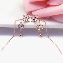 Dangle Earrings 585 Purple Gold Plated 14K Rose Long Snowflake Tassel Drop Elegant and Exquisite Wedding Jewelry