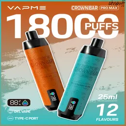 Vapme Crown Bar 18000 Puffdisposable vape 18000 Puffs Sistema recarregável de cigarros eletrônicos 10 Vapers de bobina de malha de sabores 0% 2% 3% 5% NIC