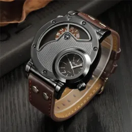 Relógios Oulm 9591 Antique Homem Assista Duas Exibições de Filho Vime Brand Men's Wristwatch Casual Leather Man Watch Quartz Clock