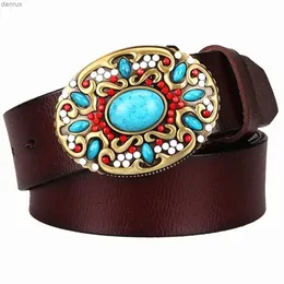 Waist Chain Belts Fashion Womens Genuine Leather Belt Mosaic Gem Turquoise Belts Metal Buckle Arabesque Pattern Retro Lady Jeans Waistband GiftL240416