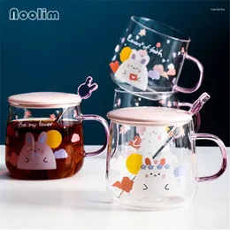 Becher transparentes Glas Kaffeetasse mit Deckel Löffel Hitzebeständige süße Cartoon Frühstück Milk Office Tee Tasse Getränke 420 ml