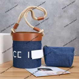 Kvinnors lyxiga hinkväska designer handväska ny denim mode canvas hampa rep vintage handväska handhållen enkel axel runda väska 90% fabrik varm försäljning grossist