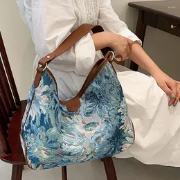 어깨 가방 여성용 유화 꽃 설계 꽃 디자인 캔버스 가방 패션 빈티지 블루 메신저 핸드백