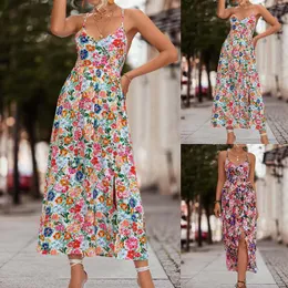 Vestidos casuais de verão feminino estampa floral maxi vestido v pescoço sem backless smockled long fluy boho praia renda para cima deslize