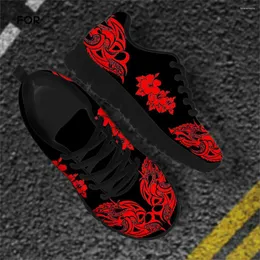 أحذية غير رسمية للأحذية أحذية رياضية حمراء ثلاثية الأبعاد تداول أفريقية زهرة بولينيزية البولينيزية تصميم شقق الخريف امرأة مريحة شبكة شبكة