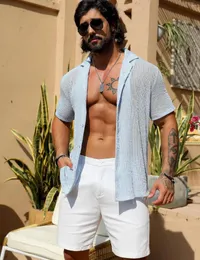 Herren lässige Hemden Sommer Kurzarm T -Shirt Männer Strand hohl aus atmungsaktivem Strickhemd Mode Mann Male durch sexy gestrickte Tops sehen