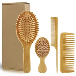 4 PCs/conjunto de pente de cabelo Conjunto de pente de bambu ecologicamente adequado Punha de massagem de almofada de madeira para crianças adultas de dente largo e pontudo CMB 240411