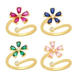 Cluster Rings FLOLA Y2K Colorful Crystal Daisy Flower For Women Girls Copper Gold Plated Adjustable CZ Jewelry Gifts Rigr86