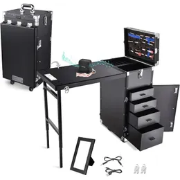 Rolling Manicure Table Case de maquiagem de unhas dobráveis com o organizador de armazenamento de viagens de carrinho de carrinho de mesa 4 gavetas 240416