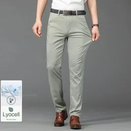 Lyocell Modal Fabric Men Casual Pants Summer Ultrathin Soft Drapes Stretch Business Straight Solid Color Trousers Brand Clothes 240415