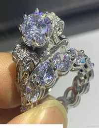 Victoria Wick Köpüklü Lüks Takı 925 STERLING Gümüş Yuvarlak Kesilmiş Beyaz Topaz CZ Elmas Çift Yüzük Sonsuzluk Kadınlar Düğün BR4644408