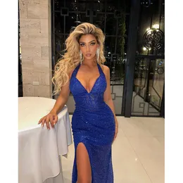 Blue Amanda Sapphire Evening Sexy Spaghetti Strap Fishtail Prom Glitter Mermaid Party Dress High Split Formal Gowns