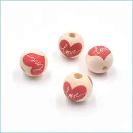 Holz 16 mm runde Perle Red Love Heart Printing Valentinstag Holz lose Perlen DIY Schmuckzubehör Drop Lieferung Dhgarden Dhqpu