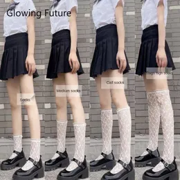 Sexiga strumpor JK Woman Socks Classic White Black Flower Organza Lace Calf Sokken Solid Color Kne Socks Cosplay Sexig Nylon Fishnet Stockings 240416