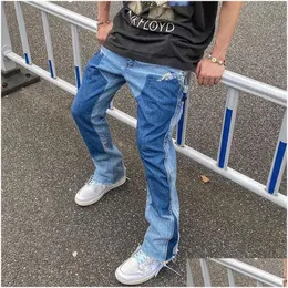 Mens Jeans High Street Color Spliced ​​Washed Overdimensionerad bredben Staka denim Flare Pants Retro Loose Casual Trousers Drop Delivery App Otnfr