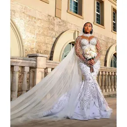 Abito cristallino per matrimoni sirena lluusion maniche lunghe al collo alto plus size abiti da sposa per perle abiti da sposa abiti de mariee es