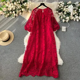 Vestidos casuais chique em manga longa o pescoço renda gancho flor oco colo vestido solto chiffon uma linha de moda feminina elegante vestidos