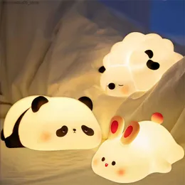 Lampor nyanser Led Night Light Cute Sheep Panda Rabbit Silicone Light USB Laddning Tidsbedett Bedside Decoration Childrens Night Light Birthday Present Q240416