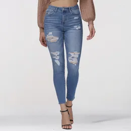 Frauen Jeans Frauen Denim Scheide Knöchel Länge hohe Taille Stifte Hosen Löcher Waschen sexy Taschen solide reguläre Freizeit Reißverschluss