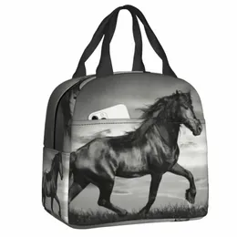 black Friesian Stalli Prancing Insulated Lunch Bag Resuable Warm Cooler Thermal Horse Lunch Tote Box for Women Kids School S6BK#