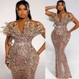 2024 Aso Ebi Gold Florals Mermaid Prom Dress Squined Evening Formal Party Second Reception 50th Birthday Engagement Gowns 드레스 Robe de Soiree ZJ330