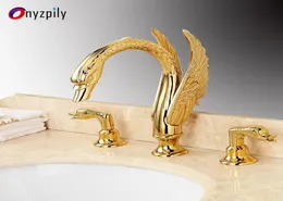 Onyzpily Gold Basin Faucet Sink Sink Faucet Mixer Muck Mount Double Bandles Swan Shape Widepspread Chrome Black Finish7756351