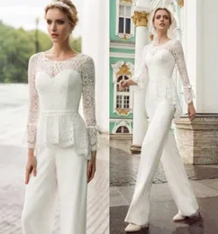 2019 جديد Long Slives Lace Mother of the Bride Pant Suit مع Peplum Wedding Guest Dress 4934496