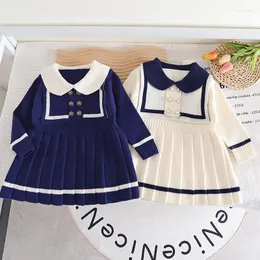 Girl Dresses Girls 'Fashion Navy Collar Sweater Dress Autumn Baby Knitwear Korean Style Långärmning PLESATED Kids Bomullskläder
