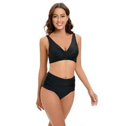 Two Piece Set of Large-sized Solid Color High Waisted Bikini Double Shoulder Swimsuit, Split Body Swimsuit for Women F41649