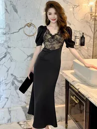 Party Dresses 2024 Elegant French Retro Maxi Dress Woman Black Puff Suesves Backless Fishtail Long Robe Vestidos Prom Banquet klänning Femme