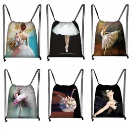 Carto Ballet Dancing Girls DrawString Bag Women Fi Storage Bags Teenage Girls Backpack Kids Bookbag F0SB#
